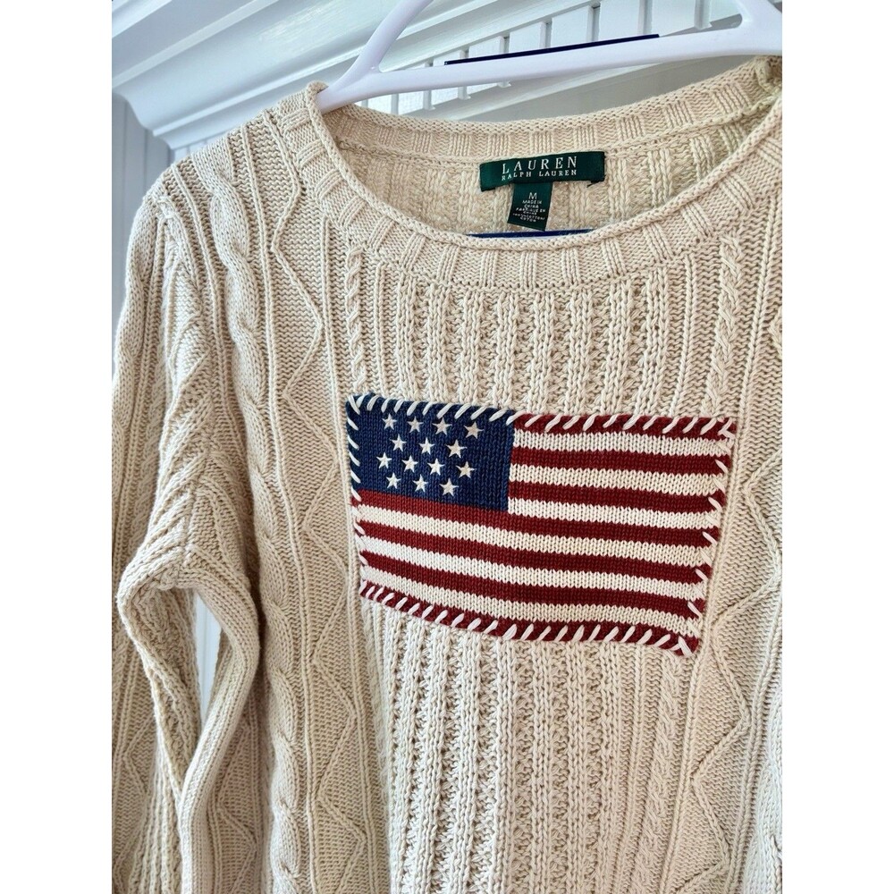 Vtg Ralph Lauren American Flag Aran Cable Knit Sweater 100% Cotton Cream Size M - Picture 2 of 11